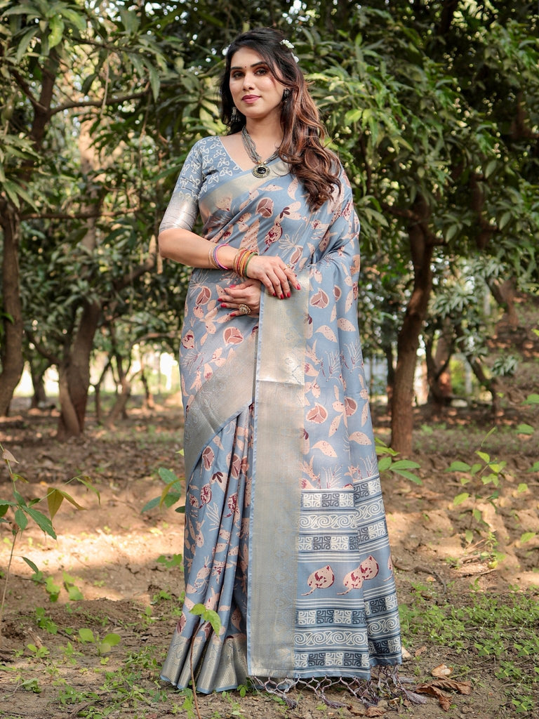 Stylish Sky Blue Tussar Silk Saree with Beige and Gold Zari Work and Contemporary Pallu Design DIGITAL PRINT