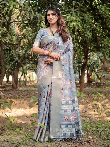 Stylish Sky Blue Tussar Silk Saree with Beige and Gold Zari Work and Contemporary Pallu Design DIGITAL PRINT
