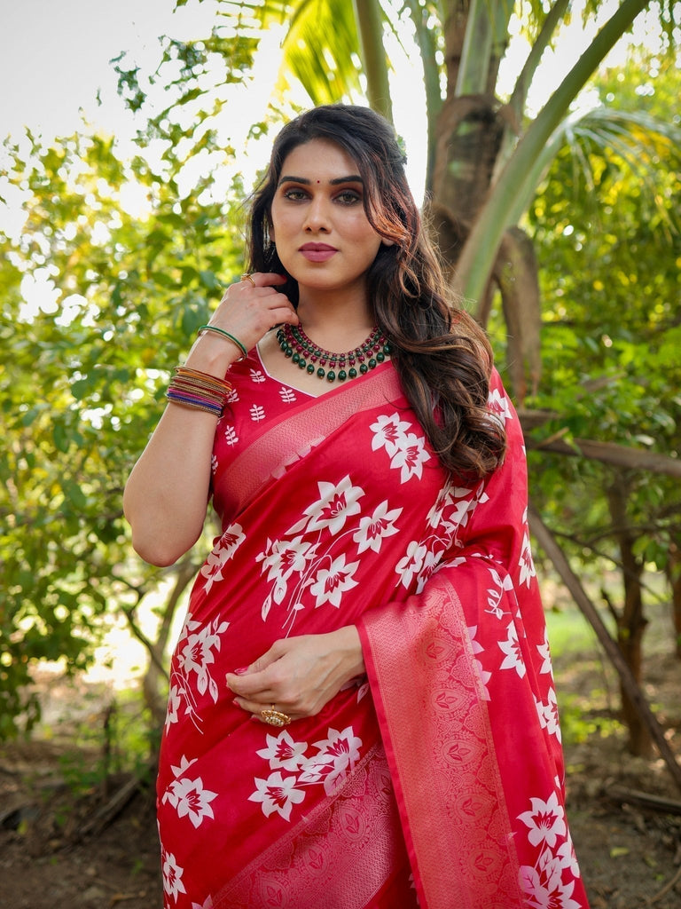 Graceful Red Tussar Silk Saree with White Floral Design and Zari Border DIGITAL PRINT