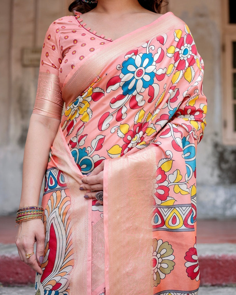 Peach Tussar Silk Saree with Vibrant Floral Kalamkari and Zari Highlights DIGITAL PRINT