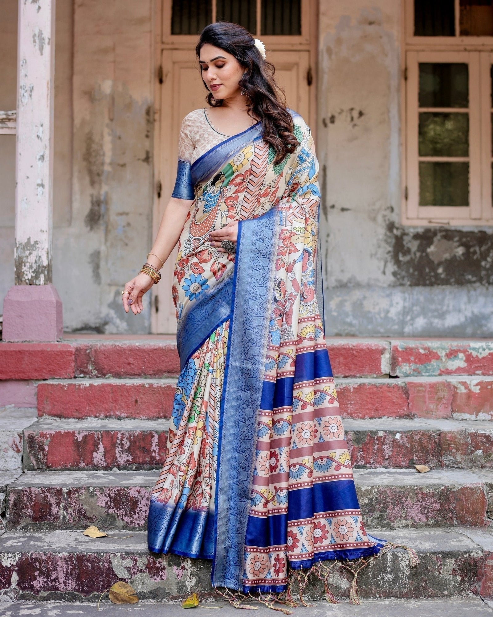 Multicolor Tussar Silk Saree with Artistic Floral Motifs and Traditional Blue Zari Border DIGITAL PRINT