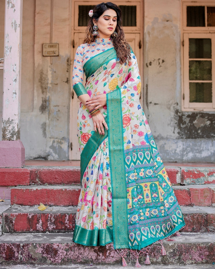 Elegant Multicolor Floral Digital Print Saree with Ornate Green Border and Artistic Pallu DIGITAL PRINT