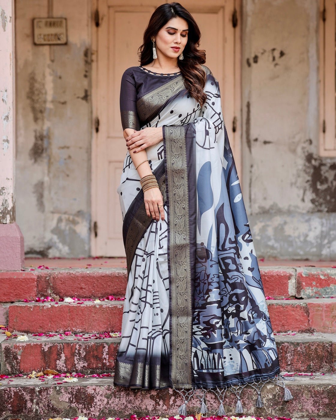 Monochrome Abstract Tussar Silk Saree with Charcoal Gray Zari Border DIGITAL PRINT Main image