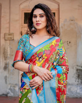 Multicolor Folk Art Inspired Digital Print Tussar Silk Saree with Sky Blue Zari Border DIGITAL PRINT