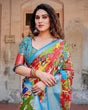 Load image into Gallery viewer, Multicolor Folk Art Inspired Digital Print Tussar Silk Saree with Sky Blue Zari Border DIGITAL PRINT