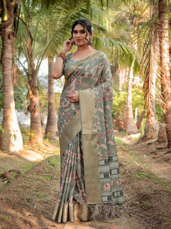 Graceful Olive Green Tussar Silk Saree with Intricate Beige and Maroon Botanical Print and Zari Border DIGITAL PRINT