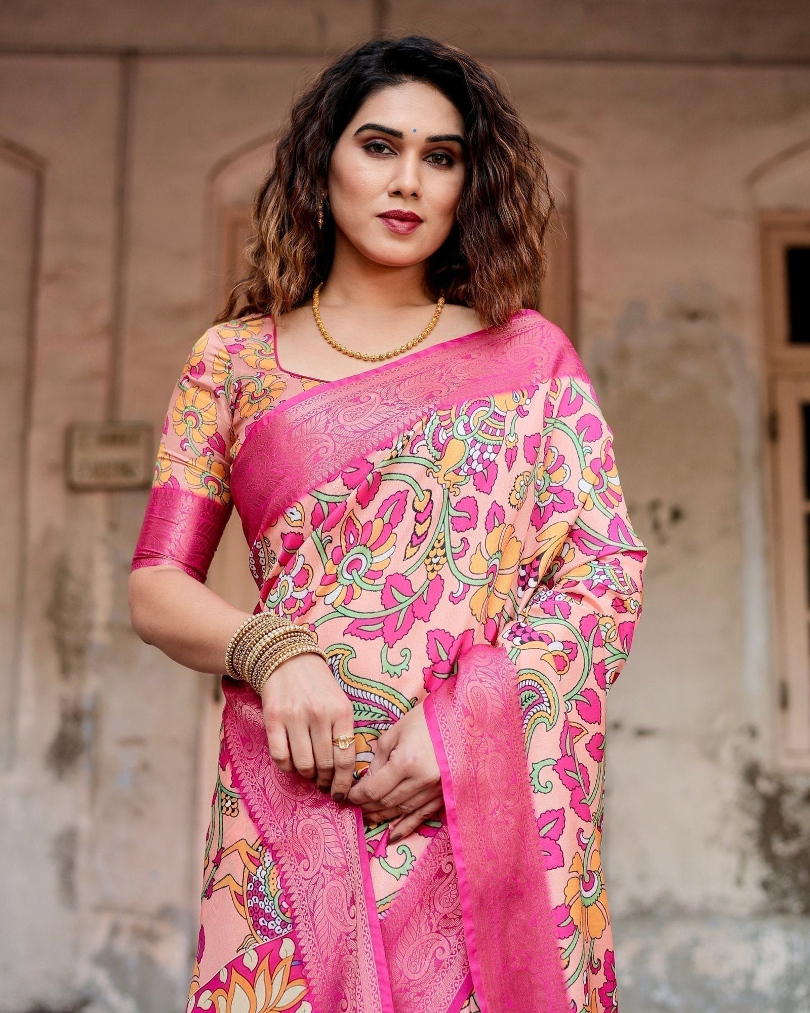 Peach and Fuchsia Floral Digital Print Tussar Silk Saree with Zari Border and Paisley Pallu DIGITAL PRINT