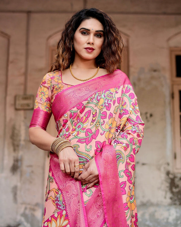 Peach and Fuchsia Floral Digital Print Tussar Silk Saree with Zari Border and Paisley Pallu DIGITAL PRINT