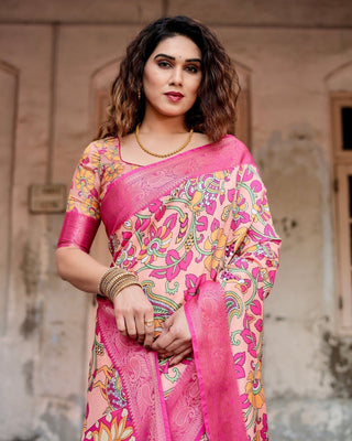 Peach and Fuchsia Floral Digital Print Tussar Silk Saree with Zari Border and Paisley Pallu DIGITAL PRINT
