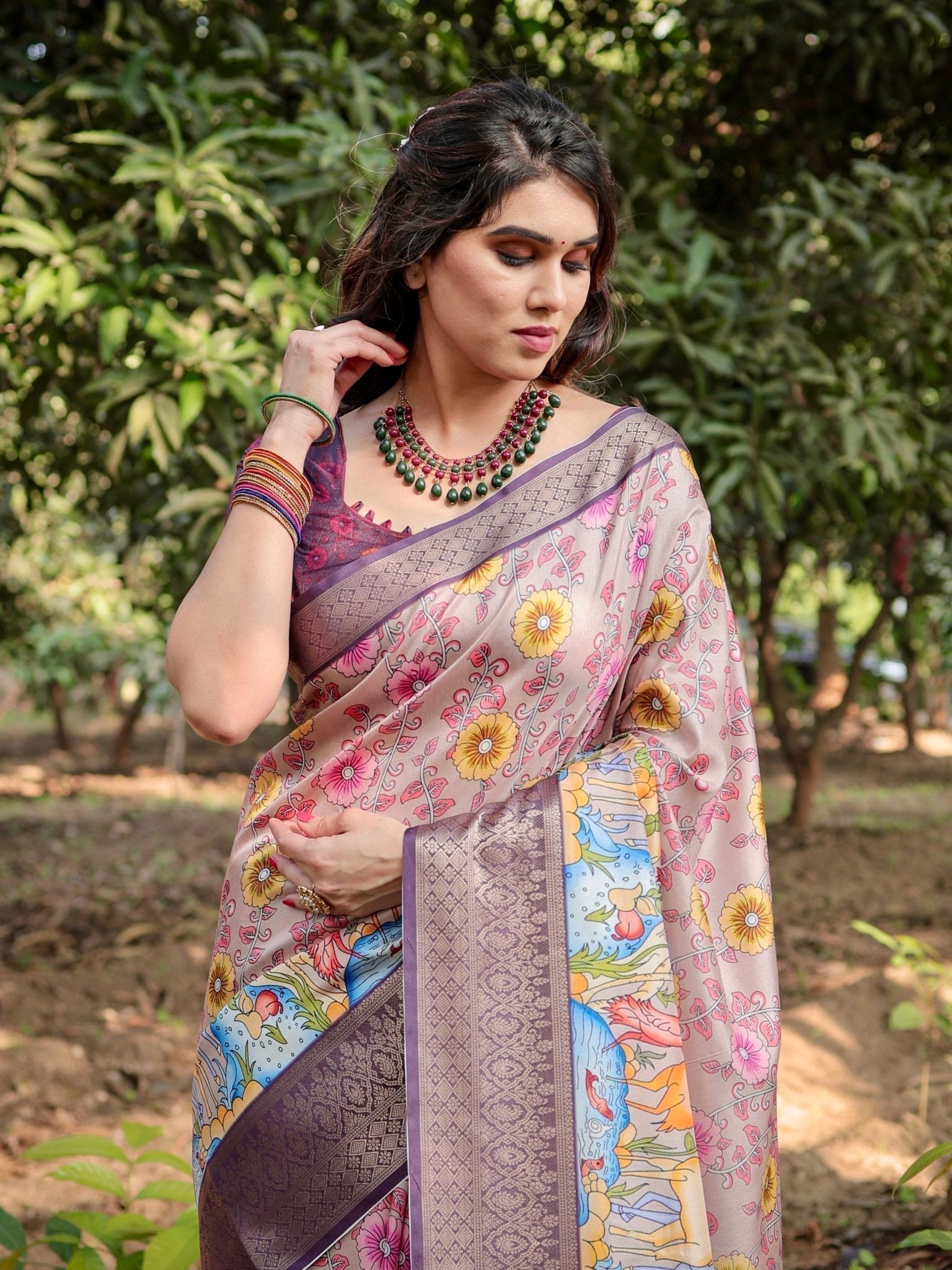 Pastel Beige Tussar Silk Saree with Vibrant Floral Motifs and Zari Border DIGITAL PRINT