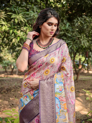 Pastel Beige Tussar Silk Saree with Vibrant Floral Motifs and Zari Border DIGITAL PRINT