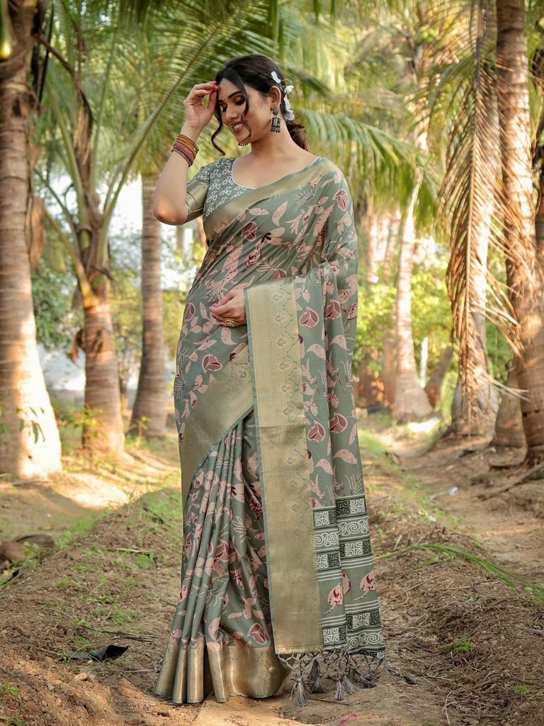 Graceful Olive Green Tussar Silk Saree with Intricate Beige and Maroon Botanical Print and Zari Border DIGITAL PRINT