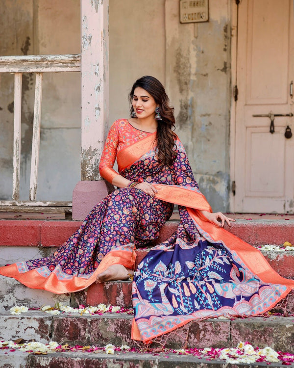 Navy Blue and Peach Tussar Silk Saree with Peacock Motifs and Floral Zari Border DIGITAL PRINT