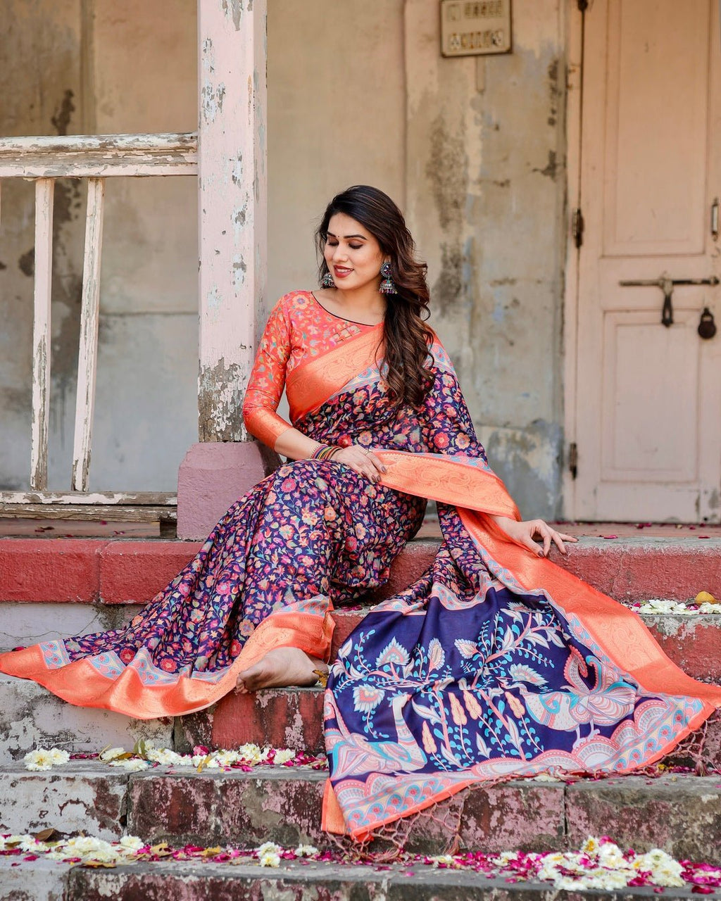 Navy Blue and Peach Tussar Silk Saree with Peacock Motifs and Floral Zari Border DIGITAL PRINT