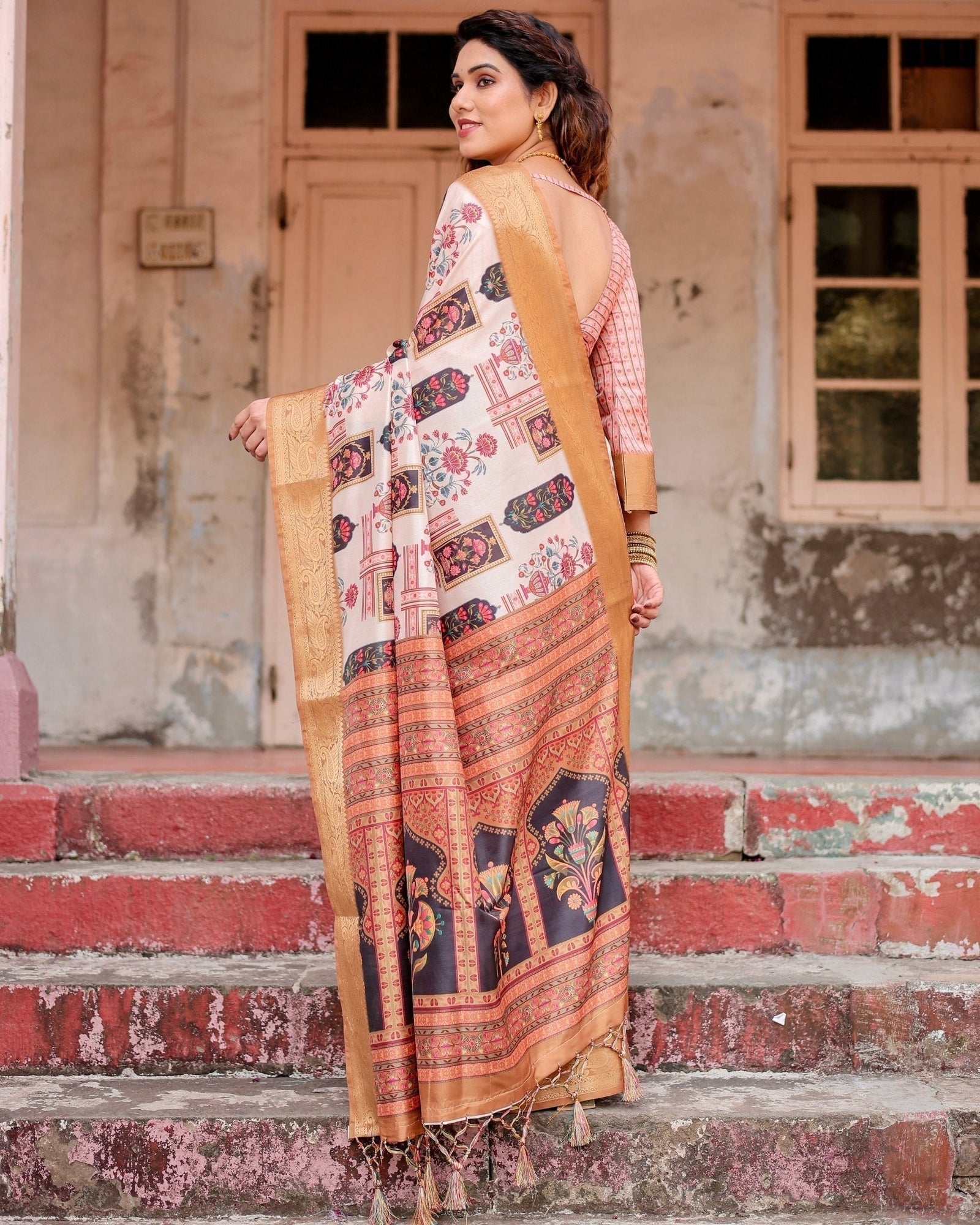 Ivory Tussar Silk Saree with Artistic Floral Motifs and Gleaming Golden Zari Border DIGITAL PRINT