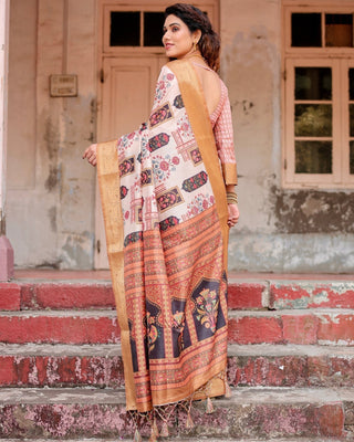 Ivory Tussar Silk Saree with Artistic Floral Motifs and Gleaming Golden Zari Border DIGITAL PRINT