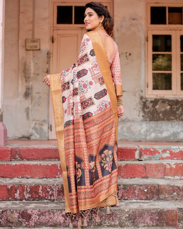 Ivory Tussar Silk Saree with Artistic Floral Motifs and Gleaming Golden Zari Border DIGITAL PRINT