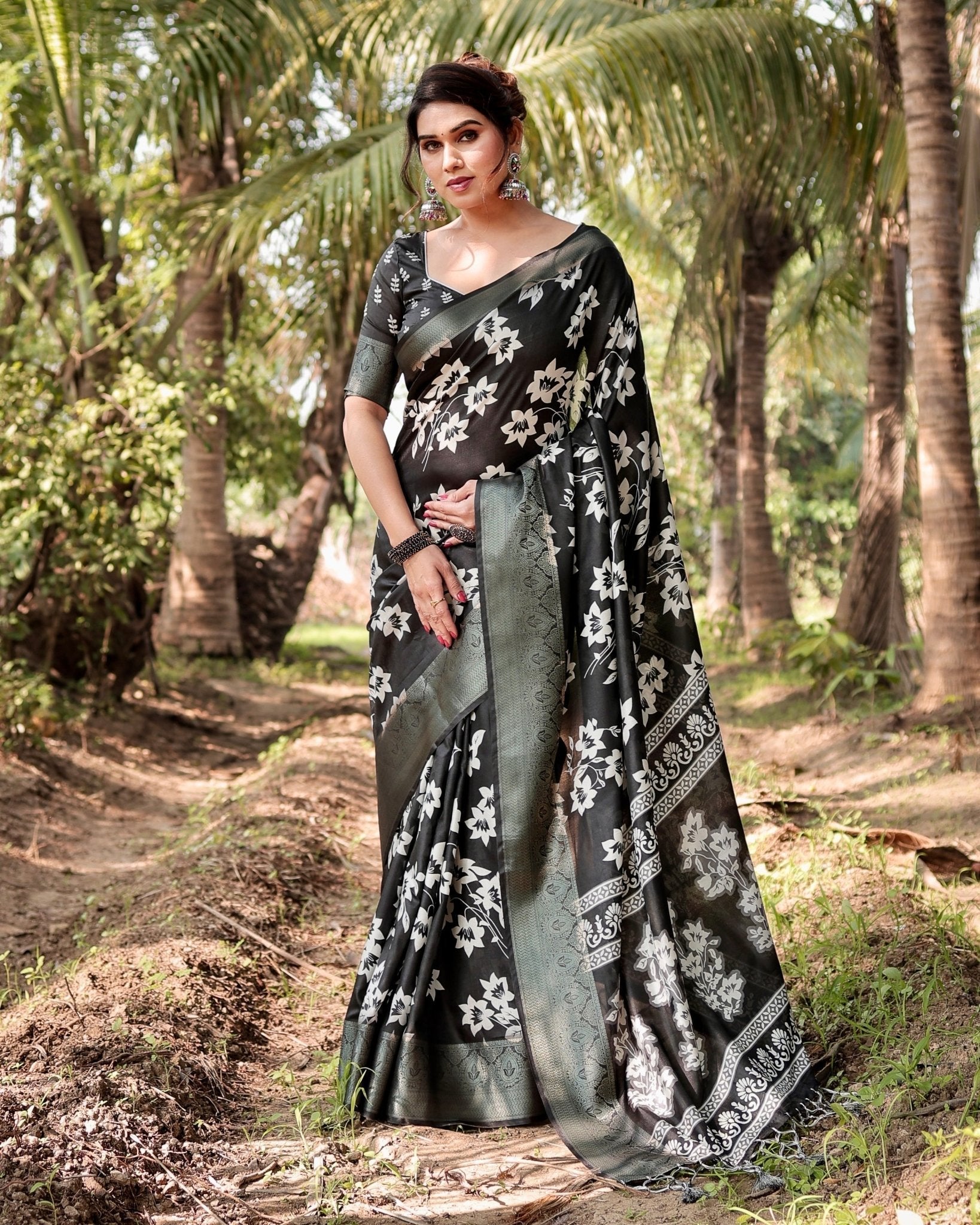 Elegant Black Tussar Silk Saree with Zari Embellished Border and Bold Floral Pallu DIGITAL PRINT Main image