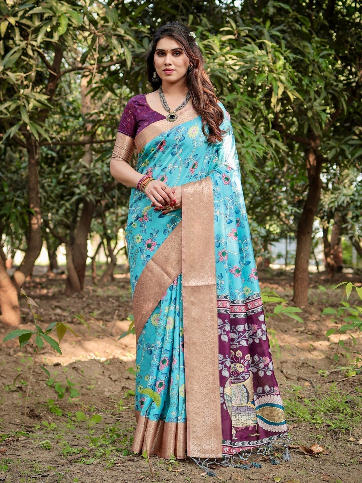 Aqua Blue Tussar Silk Saree with Floral Vine Design and Gold Zari Border DIGITAL PRINT Main image