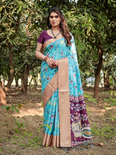 Aqua Blue Tussar Silk Saree with Floral Vine Design and Gold Zari Border DIGITAL PRINT