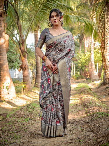 Stunning Grey Tussar Silk Saree with Golden Zari Border and Mosaic-Inspired Pallu Design DIGITAL PRINT
