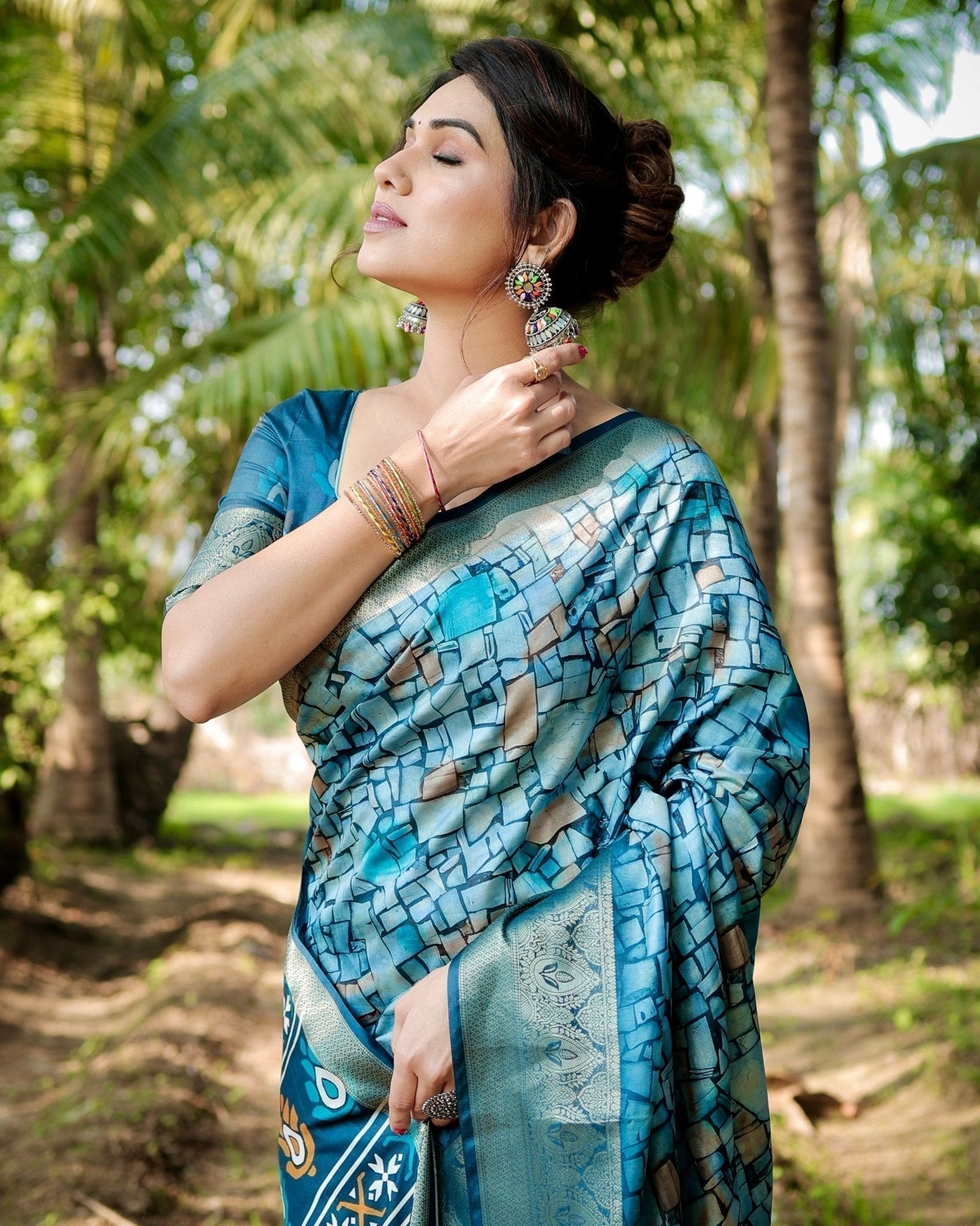 Mesmerizing Blue Tussar Silk Saree with Golden Zari Border and Mosaic-Inspired Pallu Design DIGITAL PRINT