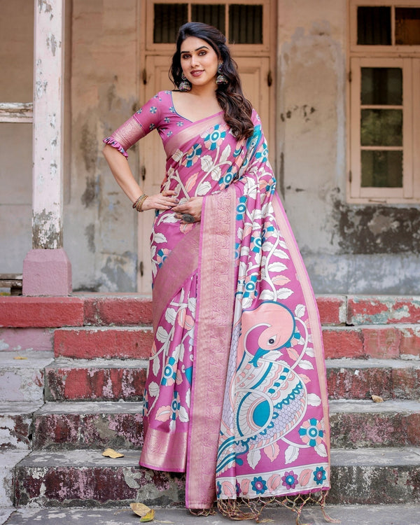 Blush Pink Tussar Silk Saree with Elegant Peacock and Floral Kalamkari Design DIGITAL PRINT
