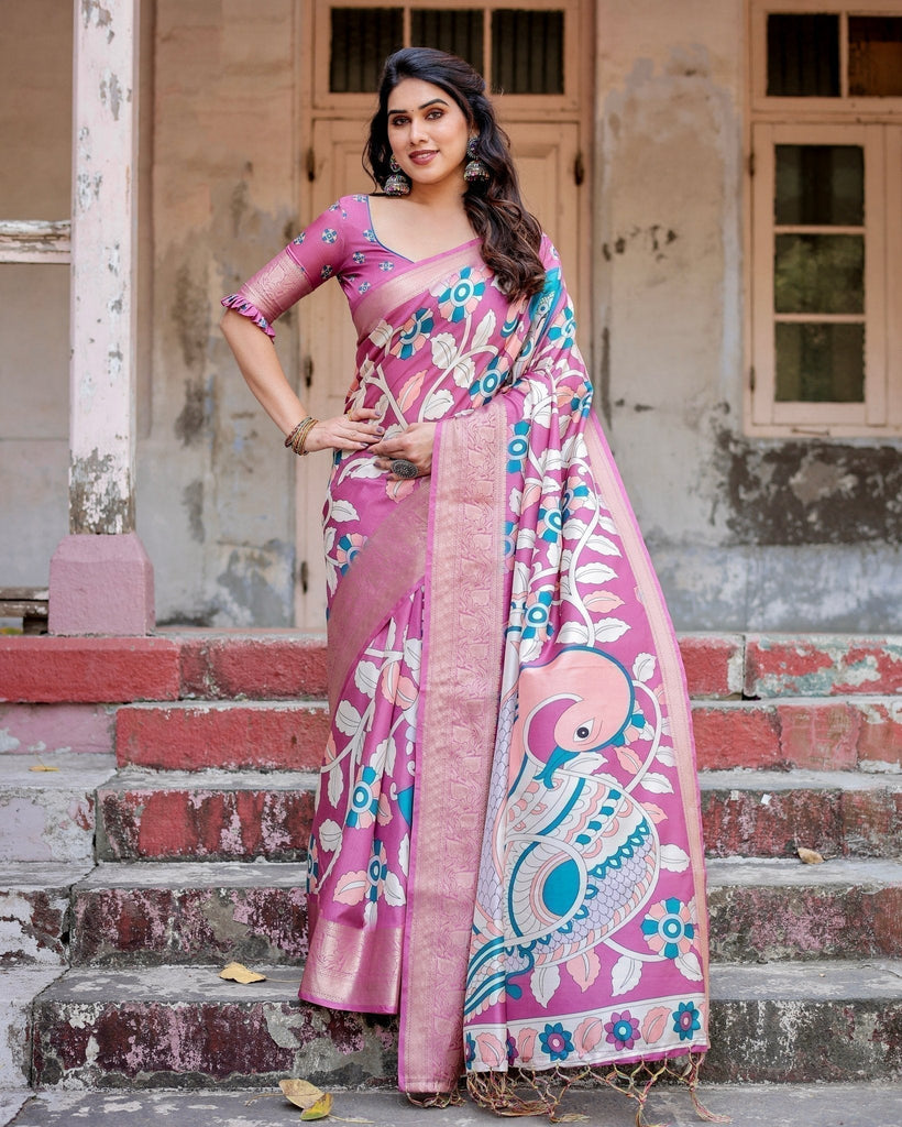 Blush Pink Tussar Silk Saree with Elegant Peacock and Floral Kalamkari Design DIGITAL PRINT