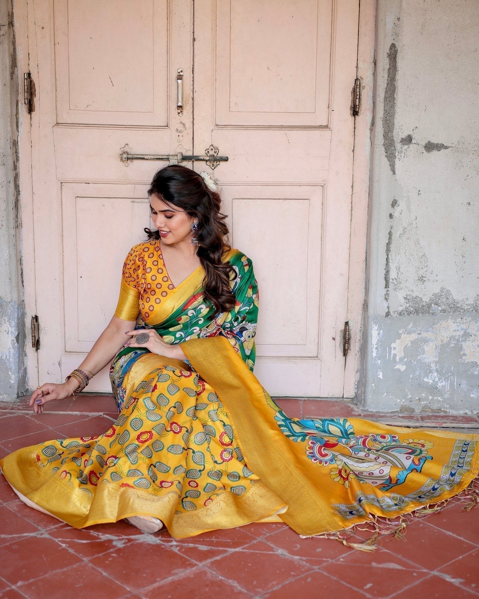 Golden Yellow Tussar Silk Saree with Vibrant Peacock Kalamkari Motifs DIGITAL PRINT