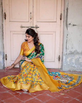 Golden Yellow Tussar Silk Saree with Vibrant Peacock Kalamkari Motifs DIGITAL PRINT