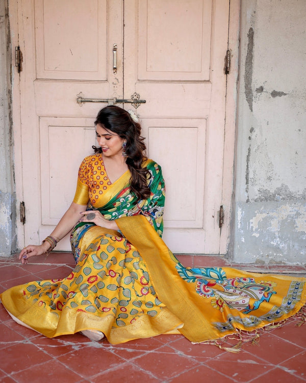 Golden Yellow Tussar Silk Saree with Vibrant Peacock Kalamkari Motifs DIGITAL PRINT