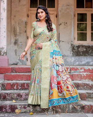 Pastel Green Tussar Silk Saree with Mythological Kalamkari Pallu and Zari Border DIGITAL PRINT
