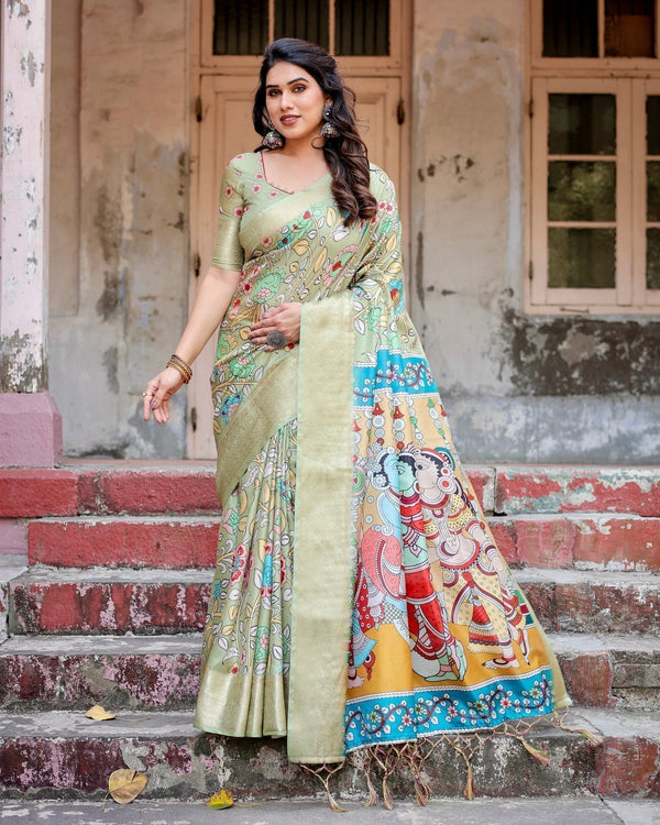 Pastel Green Tussar Silk Saree with Mythological Kalamkari Pallu and Zari Border DIGITAL PRINT