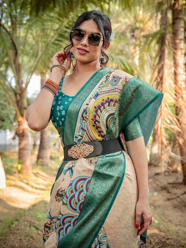 Elegant Tussar Silk Saree in Beige and Coral with Madhubani Pallu and Zari Accents DIGITAL PRINT