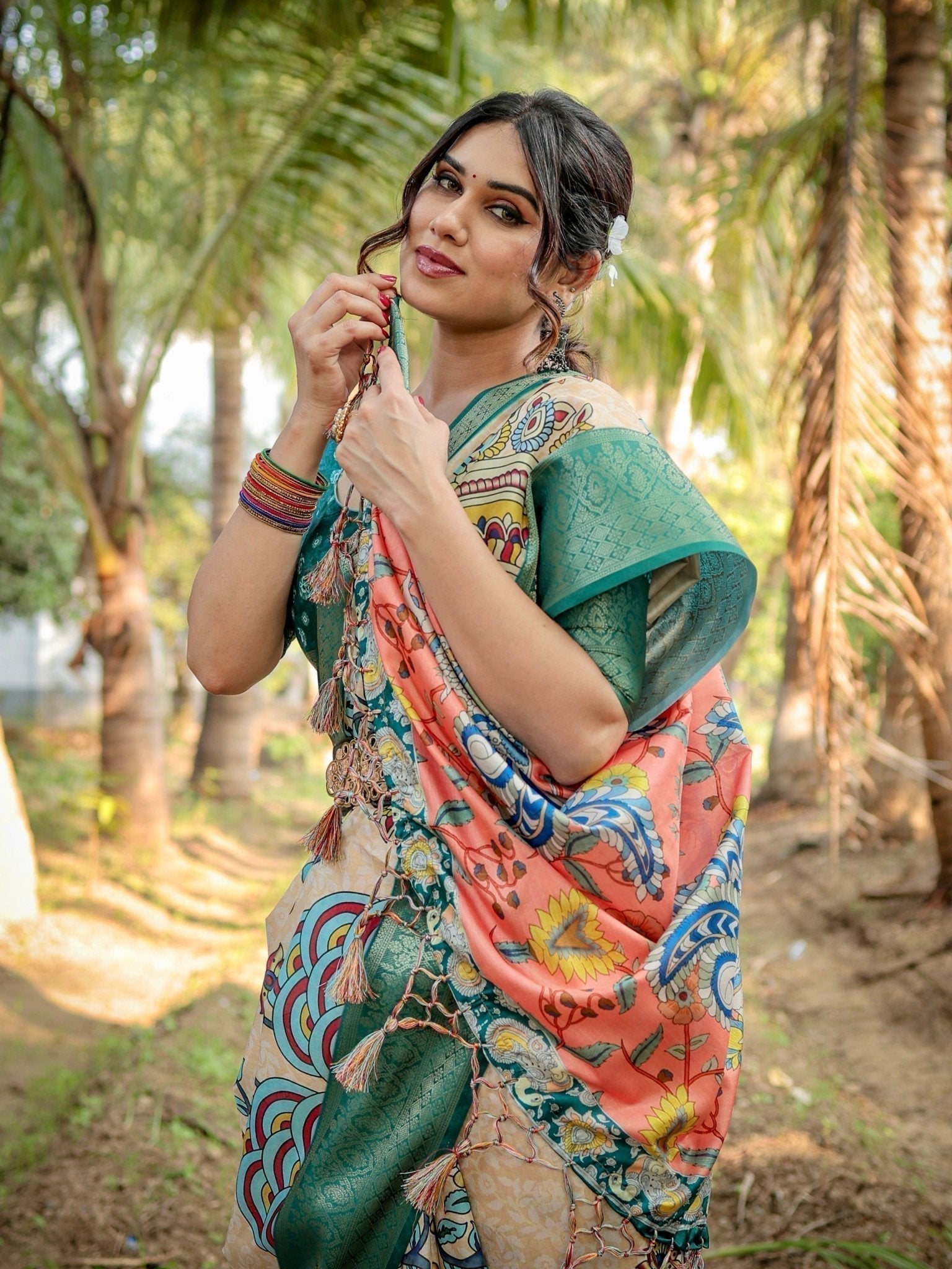 Elegant Tussar Silk Saree in Beige and Coral with Madhubani Pallu and Zari Accents DIGITAL PRINT