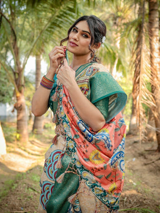 Elegant Tussar Silk Saree in Beige and Coral with Madhubani Pallu and Zari Accents DIGITAL PRINT