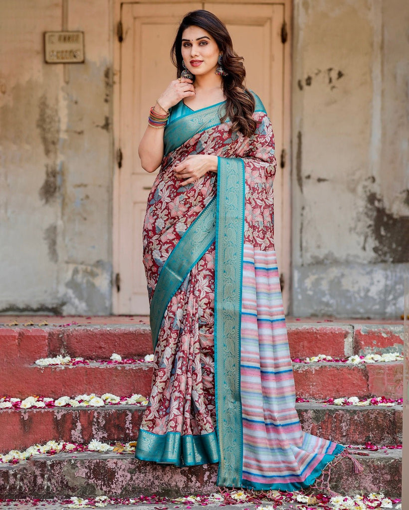Maroon and Teal Tussar Silk Saree with Floral Zari Weave and Striped Pallu DIGITAL PRINT