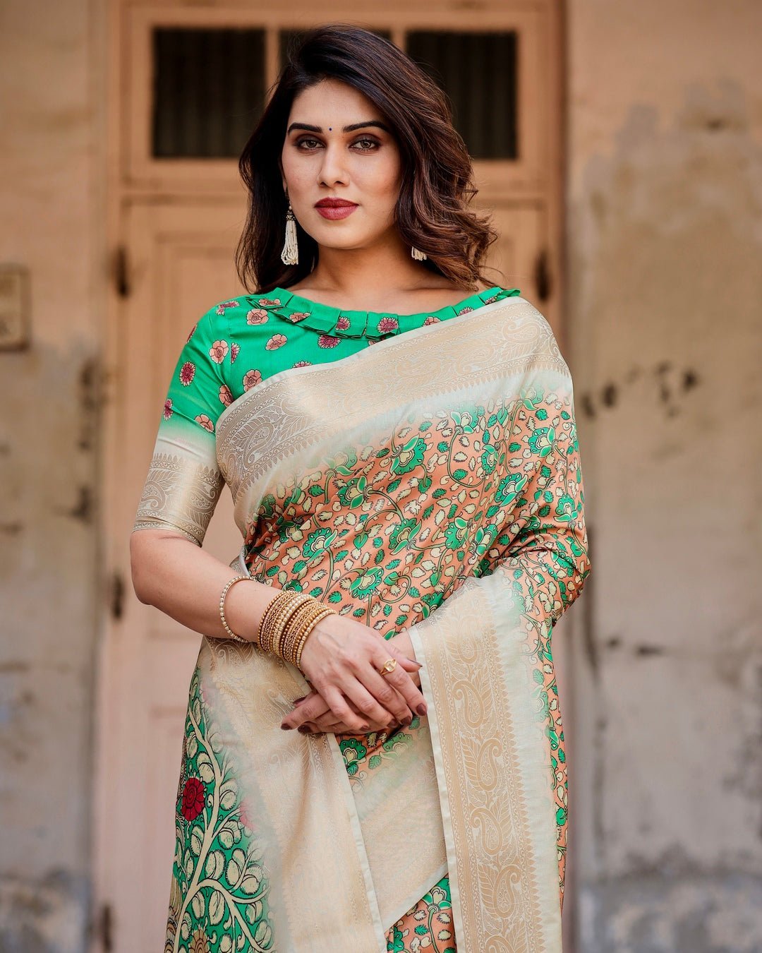 Emerald Green and Gold Tussar Silk Saree with Floral and Ornamental Motifs DIGITAL PRINT