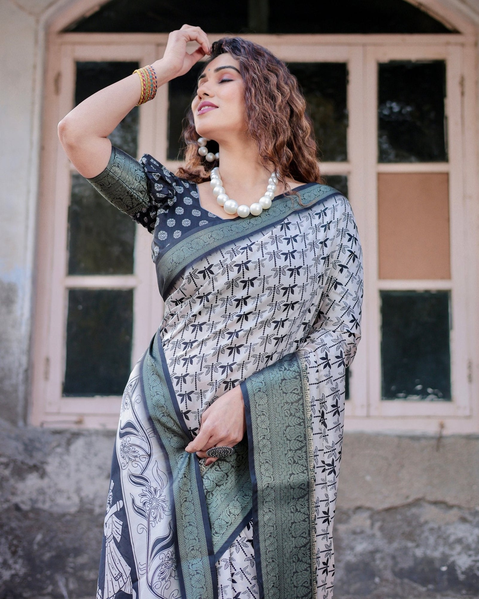 Monochrome White and Black Tussar Silk Saree with Tribal Art Motifs and Zari Border DIGITAL PRINT