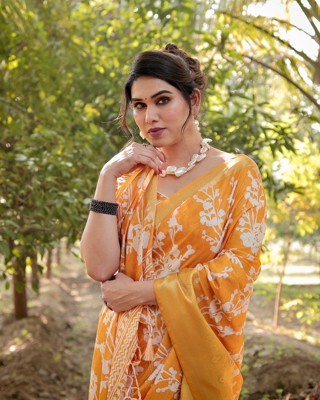 Sunshine Yellow Tussar Silk Saree with White Floral Motifs, Lustrous Zari Border, and Graceful Tassel Pallu DIGITAL PRINT