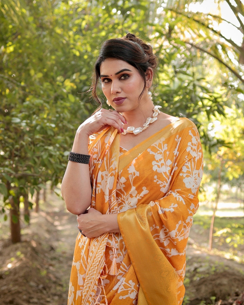 Sunshine Yellow Tussar Silk Saree with White Floral Motifs, Lustrous Zari Border, and Graceful Tassel Pallu DIGITAL PRINT