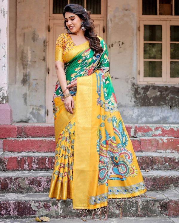 Golden Yellow Tussar Silk Saree with Vibrant Peacock Kalamkari Motifs DIGITAL PRINT