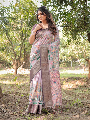 Lilac and Purple Digital Print Tussar Silk Saree with Zari Diamond Border and Lotus Motif Pallu DIGITAL PRINT