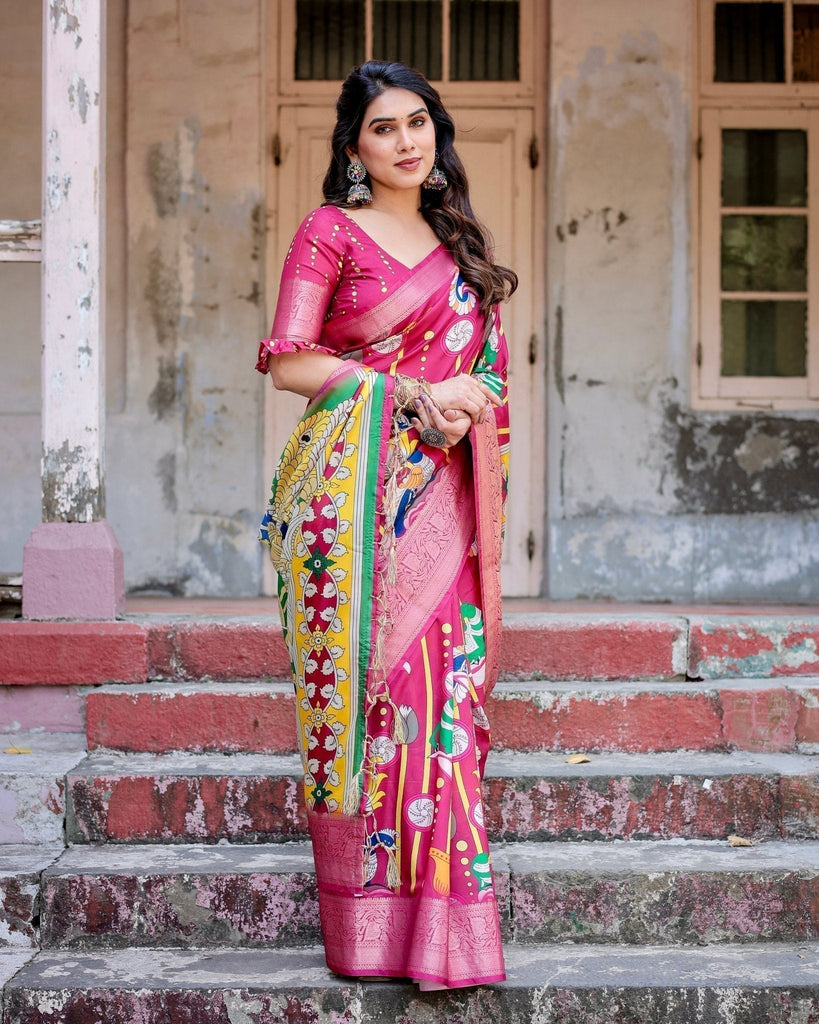 Magenta Tussar Silk Saree with Artistic Peacock & Floral Kalamkari Design DIGITAL PRINT
