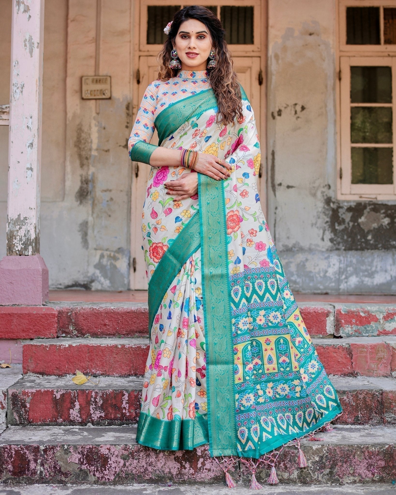 Elegant Multicolor Floral Digital Print Saree with Ornate Green Border and Artistic Pallu DIGITAL PRINT Main image