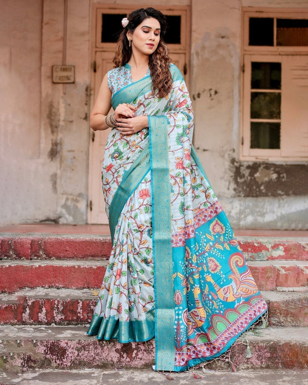 Sky Blue Tussar Silk Saree with Multicolor Floral Design and Zari Paisley Border DIGITAL PRINT