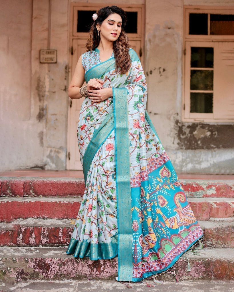 Sky Blue Tussar Silk Saree with Multicolor Floral Design and Zari Paisley Border DIGITAL PRINT