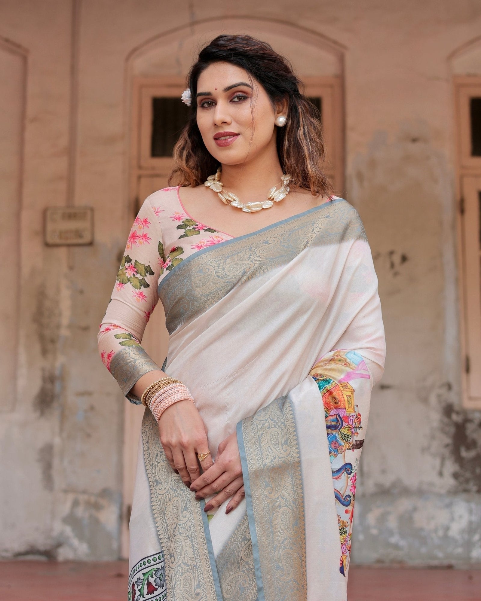 Ivory Tussar Silk Saree with Handcrafted Elephant Motif Pallu and Golden Zari Border DIGITAL PRINT