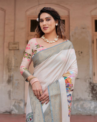 Ivory Tussar Silk Saree with Handcrafted Elephant Motif Pallu and Golden Zari Border DIGITAL PRINT