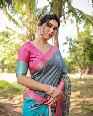 Pastel Grey and Turquoise Digital Print Tussar Silk Saree with Pink Zari Border and Peacock Motif Pallu DIGITAL PRINT